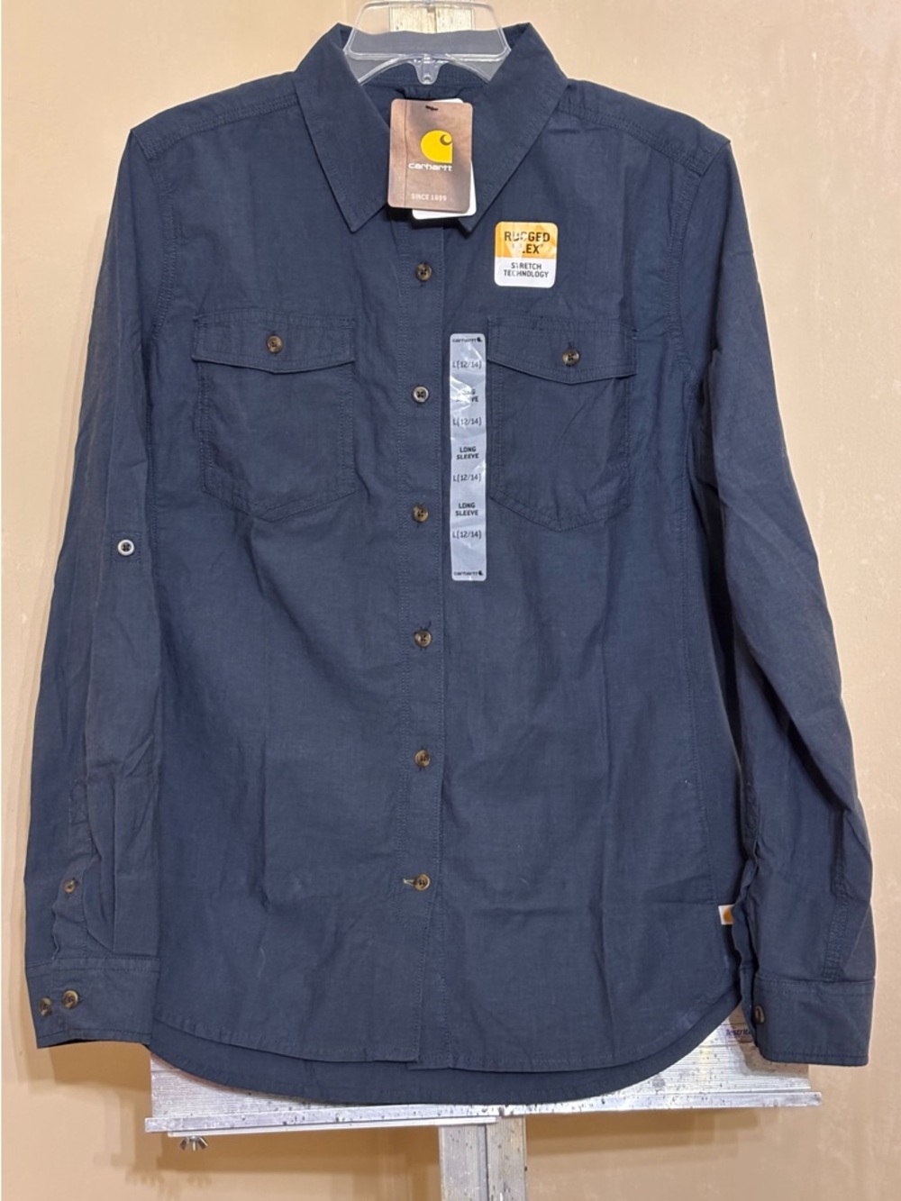 Carhartt Navy Rugged Flex Button-Front Work Shirt Womens Sz 12/14 NWT